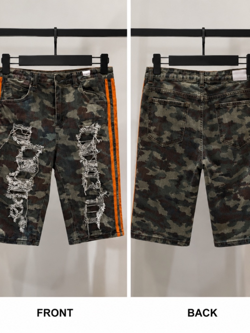 Odd Culture Camo Distressed Denim Shorts Orange Side Stripe Streetwear Y2K